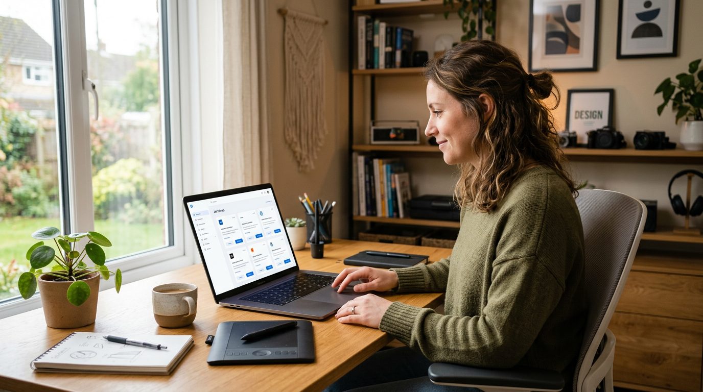 A freelancer reviewing aggregated gig listings and a drafted application on a laptop